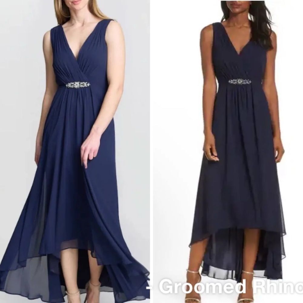 Eliza J Navy Chiffon Embellish Hi-Low V Neck Evening Dress Size 18
